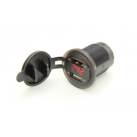 Adaptér 2xUSB s voltmetrem vestavný černý 9-30V s LED