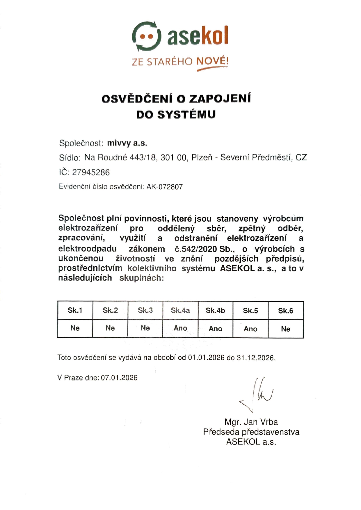 Certificate of mivvy a.s. participation in the ASEKOL system for 2026